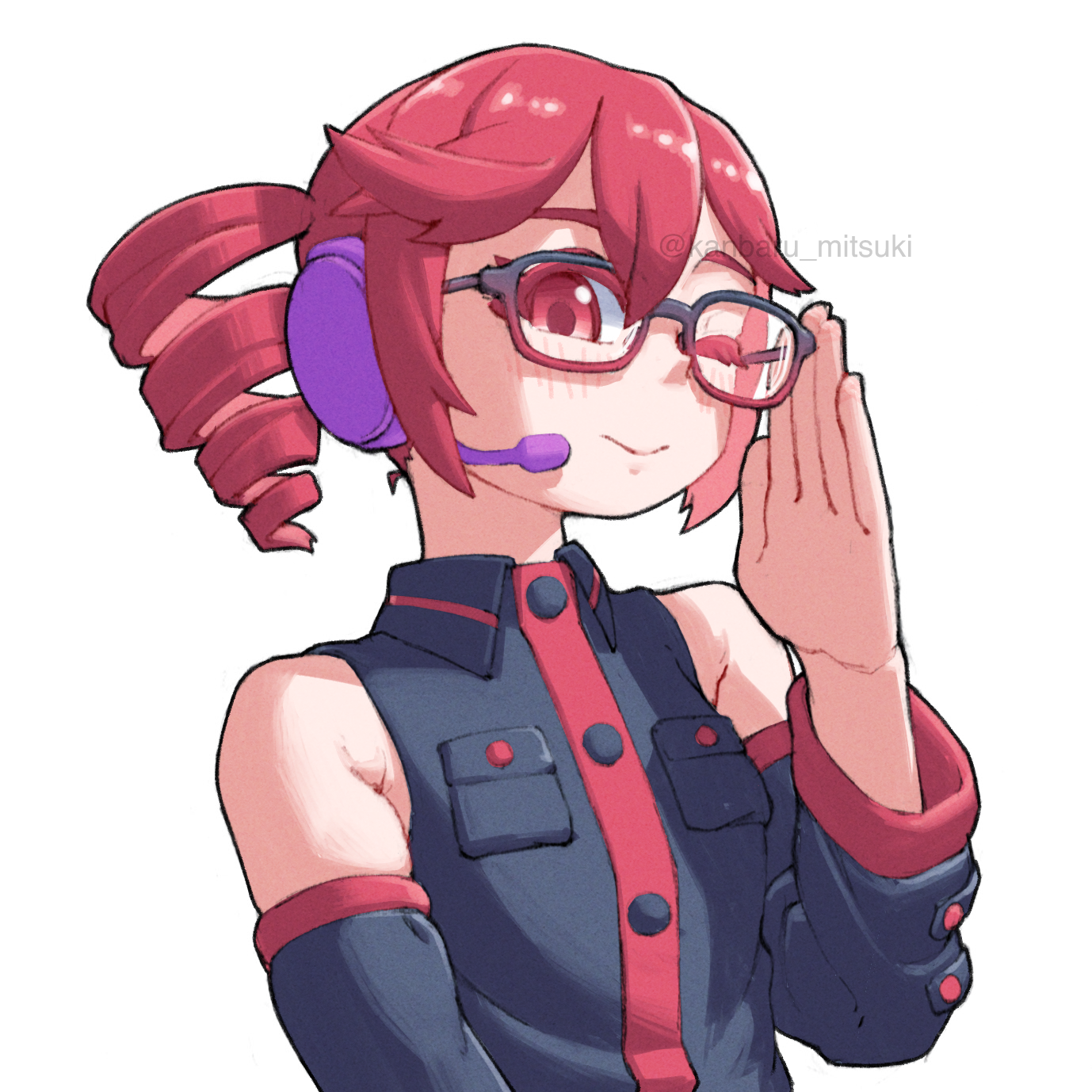 kanbaru mitsuki, kasane teto, kasane teto (utau), utau, highres, 1girl, bare shoulders, bespectacled, breast pocket, buttons, closed mouth, collared shirt, detached sleeves, drill hair, glasses, grey shirt, hand up, headset, long sleeves, looking at viewer, one eye closed, pocket, red eyes, red hair, shirt, simple background, solo, twin drills, upper body, white background