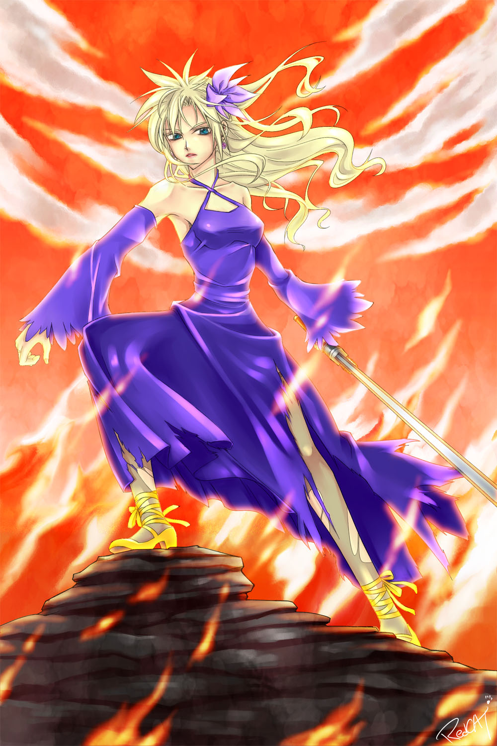 redcat, cloud strife, final fantasy, final fantasy vii, gender request, highres, 1990s (style), 1girl, bare shoulders, blonde hair, blue eyes, detached sleeves, dress, earrings, female focus, genderswap, hair ornament, high heels, jewelry, long hair, outdoors, shoes, sky, solo, sword, torn clothes, weapon