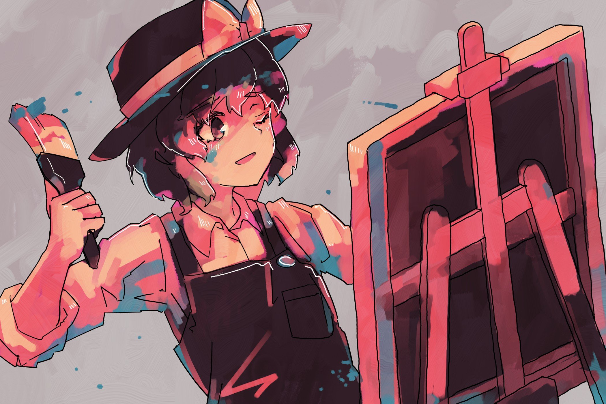 wasabisuke, usami renko, touhou, commentary, highres, 1girl, black hat, black overalls, bow, brown eyes, brown hair, canvas (object), collared shirt, grey background, hat, hat bow, one eye closed, open mouth, overalls, paint splatter, paint splatter on face, paintbrush, shirt, sleeves rolled up, upper body, white shirt