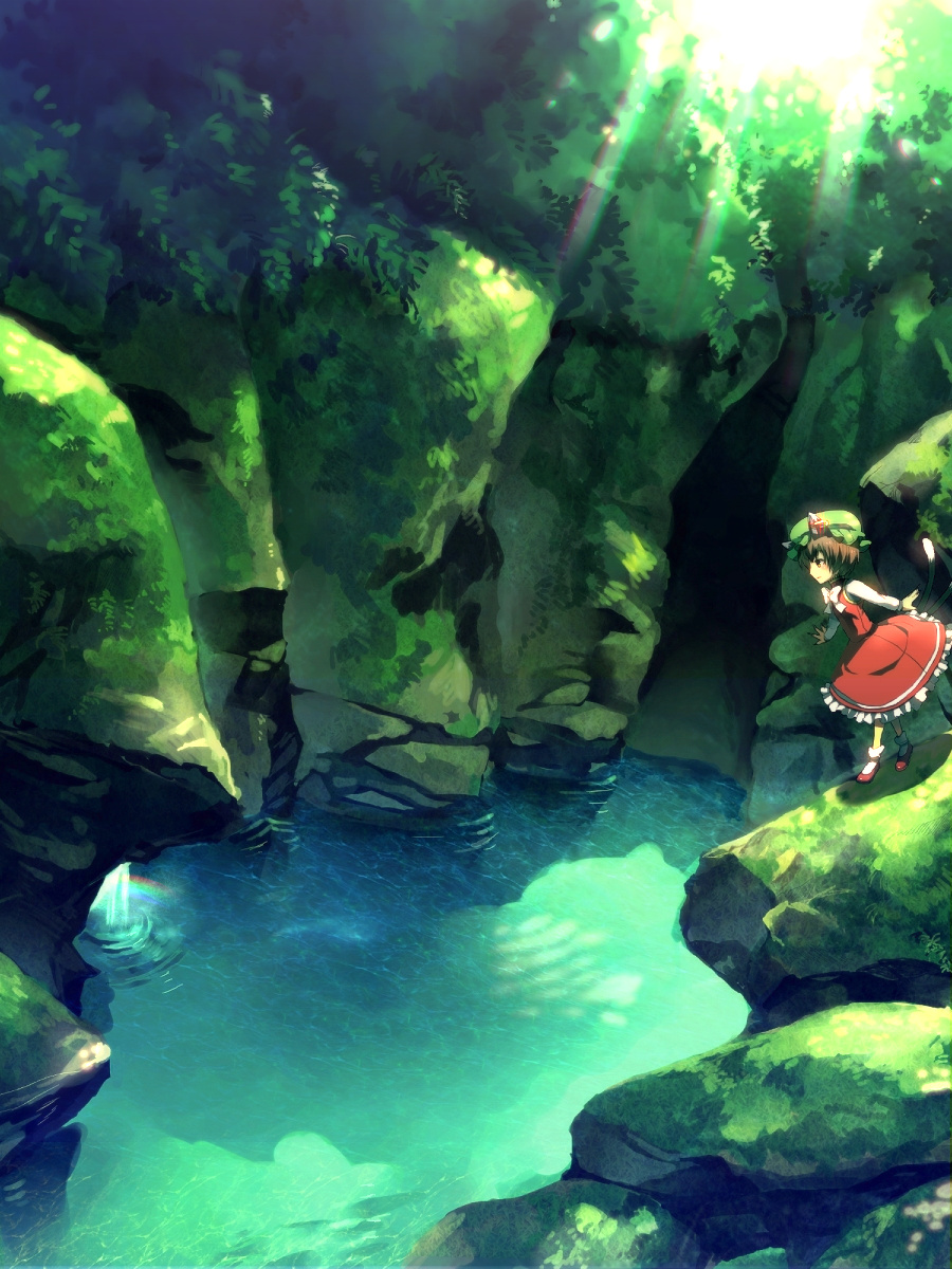 sunakumo, chen, touhou, highres, 1girl, animal ears, brown eyes, brown hair, cat ears, cat girl, cat tail, dress, female focus, green hat, hat, lake, scenery, short hair, solo, sunlight, tail