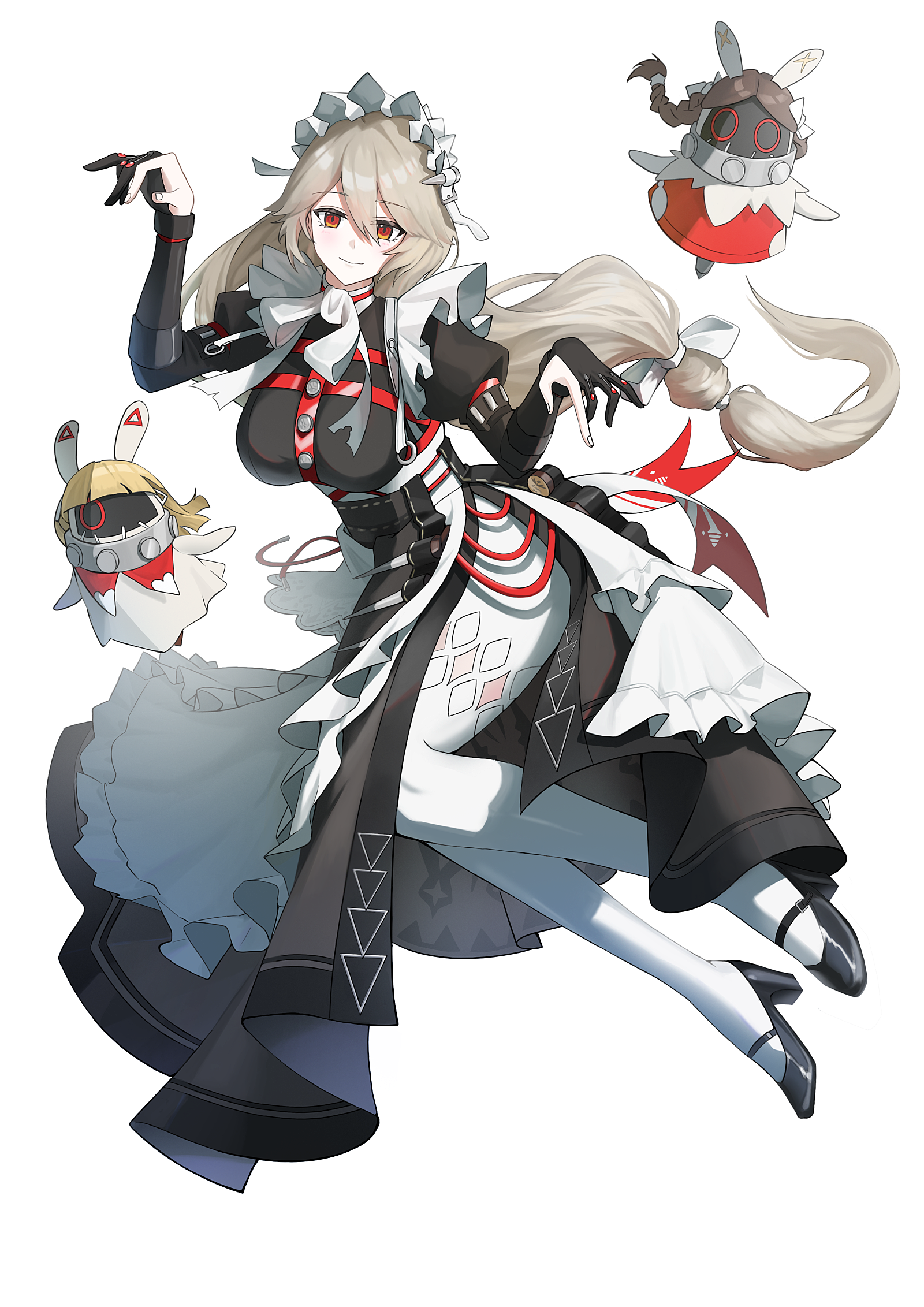 alexandrina sebastiane, anastella (zenless zone zero), bangboo (zenless zone zero), drusilla (zenless zone zero), zenless zone zero, commentary, english commentary, highres, 1girl, black dress, black gloves, black shoes, bow, breasts, closed mouth, dress, full body, gloves, grey hair, hair between eyes, hair bow, hands up, large breasts, looking at viewer, maid headdress, pantyhose, partially fingerless gloves, red eyes, shoes, simple background, smile, user dapn7875, white background, white bow, white pantyhose