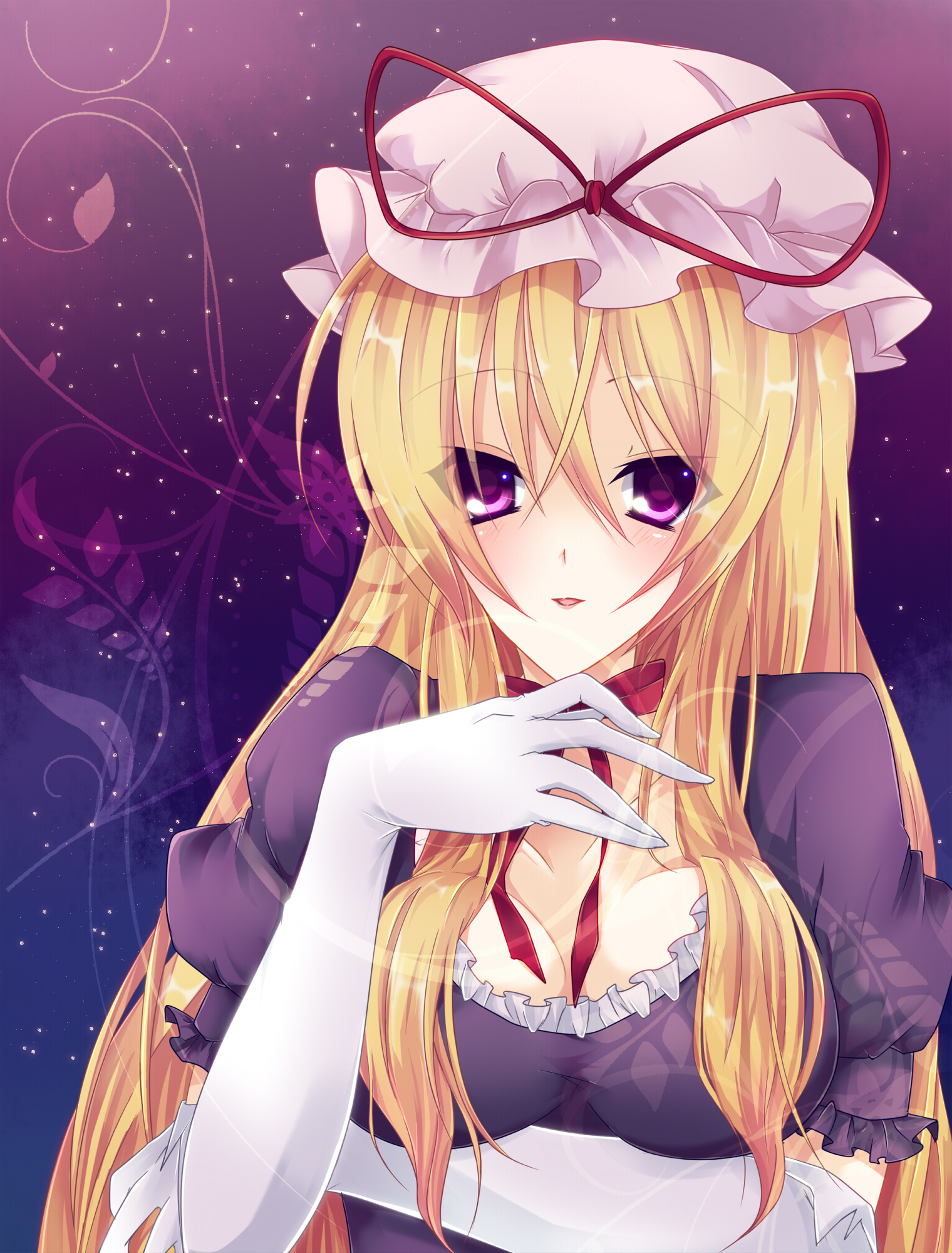 ritsuhi, yakumo yukari, touhou, bad id, bad pixiv id, highres, 1girl, blonde hair, breasts, cleavage, elbow gloves, female focus, gloves, hat, large breasts, long hair, purple eyes, ribbon, solo