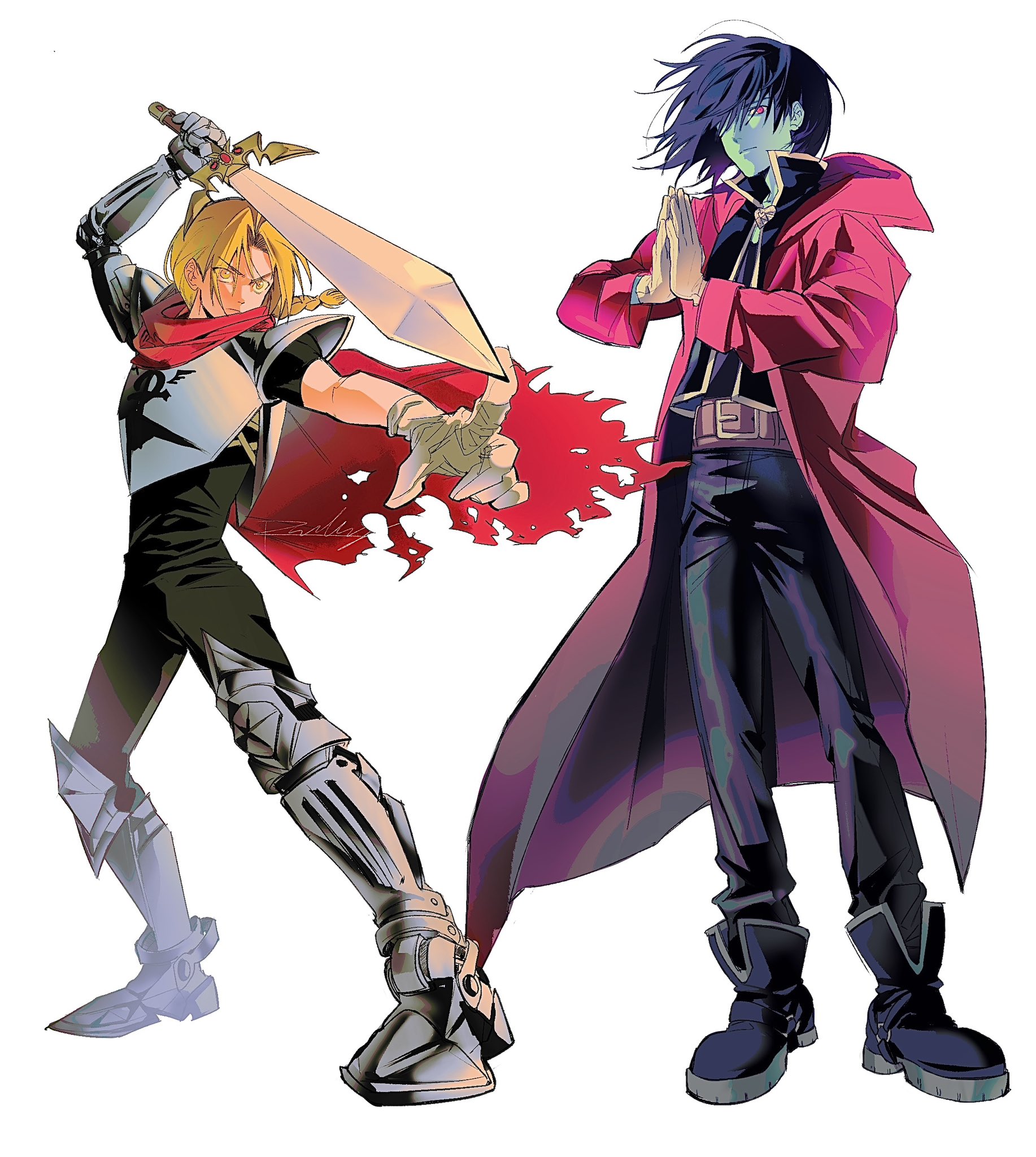 sseunana, edward elric, kris (dark world) (deltarune), kris (deltarune), deltarune, fullmetal alchemist, utdr (toby fox), highres, 2boys, armor, armored boots, belt, black boots, black hair, black jacket, black pants, black shirt, blonde hair, blue skin, boots, braid, braided ponytail, breastplate, brown belt, cloak, closed mouth, coat, colored skin, cosplay, costume switch, edward elric (cosplay), fighting stance, full body, gloves, hair over one eye, holding, holding sword, holding weapon, jacket, kris (deltarune) (cosplay), long coat, long hair, male focus, mechanical arms, medium hair, military jacket, military uniform, multiple boys, own hands together, pants, parted bangs, ponytail, red cloak, red coat, red eyes, shirt, shoulder armor, single mechanical arm, standing, sword, torn cloak, torn clothes, weapon, white background, white gloves, yellow eyes