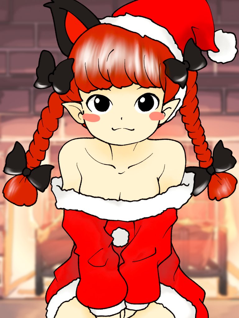 edwardmidori, kaenbyou rin, touhou, 1girl, animal ears, black bow, blurry, blurry background, blush stickers, bow, braid, breasts, cat ears, cleavage, closed mouth, collarbone, extra ears, fireplace, hair bow, hat, indoors, looking at viewer, off shoulder, pointy ears, pom pom (clothes), red hair, santa costume, santa hat, side braids, solo, twin braids