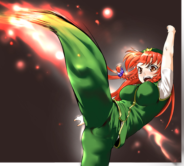 byoin, hong meiling, immaterial and missing power, touhou, 1girl, braid, breasts, female focus, gradient background, hat, high kick, kicking, red hair, solo, twin braids