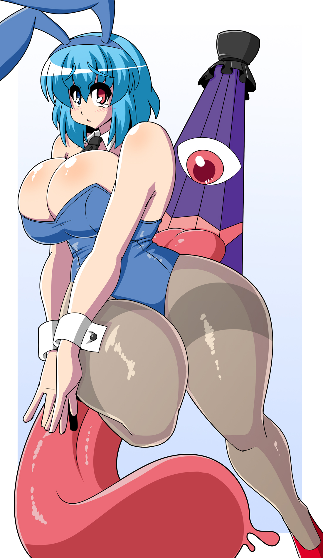 akasode (tyaramu), tatara kogasa, touhou, commentary request, highres, 1girl, black pantyhose, blue background, blue eyes, blue hair, breasts, cleavage, curvy, full body, gradient background, heterochromia, huge breasts, karakasa obake, looking at viewer, pantyhose, purple umbrella, red eyes, red shoes, shoes, short hair, solo, tongue, tongue out, umbrella, wrist cuffs