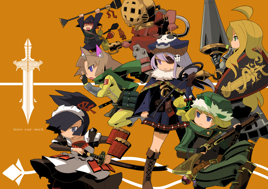 sharekoube, bad id, bad pixiv id, 6+girls, ahoge, black hair, blonde hair, boots, braid, eyepatch, fantasy, flamethrower, gun, hat, katana, lance, long hair, maid, multiple girls, polearm, purple hair, rifle, spear, staff, sword, weapon, whip