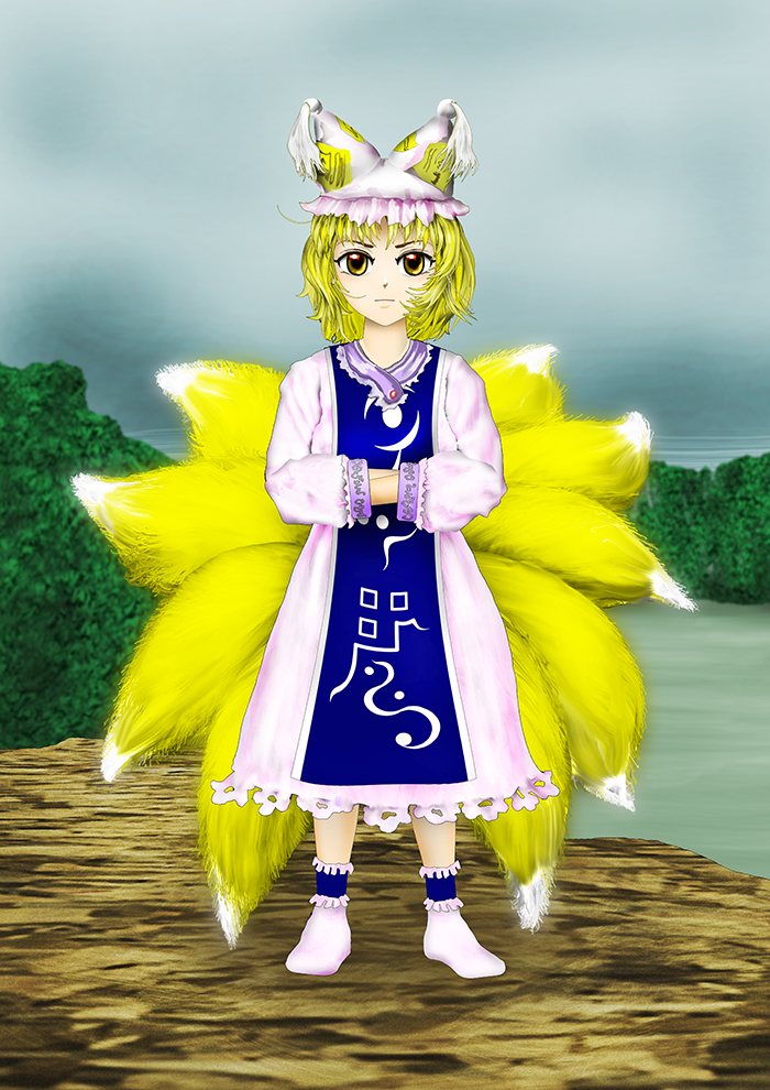 kams, yakumo ran, touhou, 1girl, animal ears, blue tabard, dress, fox ears, fox tail, hat, kitsune, kyuubi, looking at viewer, mob cap, multiple tails, own hands together, socks, standing, tabard, tail, white dress, white socks, yellow eyes