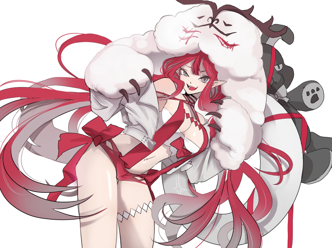 kanisan666, baobhan sith (fate), baobhan sith (swimsuit pretender) (first ascension) (fate), cernunnos (fate), fate/grand order, fate (series), 1girl, breasts, cleavage, colored inner hair, grey hair, hood, large breasts, long hair, looking at viewer, multicolored hair, open mouth, pointy ears, red eyes, solo, stuffed animal, stuffed toy, swimsuit, thigh strap