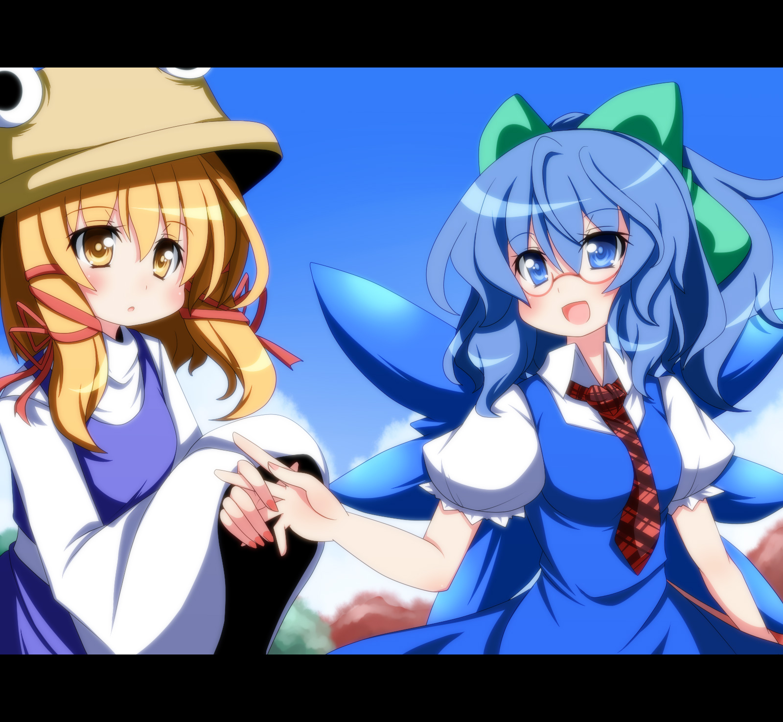 oborotsuki kakeru, cirno, moriya suwako, touhou, highres, 2girls, alternate hairstyle, bespectacled, blonde hair, blue eyes, blue hair, bow, glasses, hair bow, hair ribbon, hat, holding hands, letterboxed, long hair, multiple girls, necktie, ponytail, ribbon, wings, yellow eyes