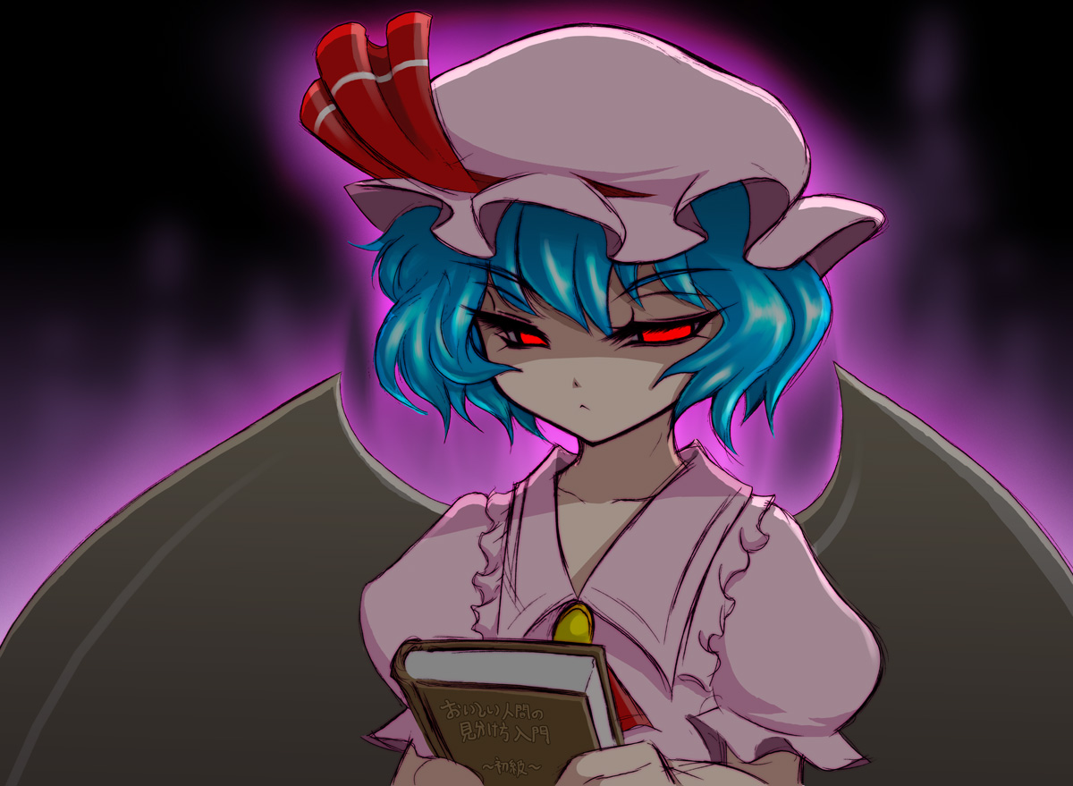 noise (lesion949), remilia scarlet, touhou, translated, 1girl, :<, aura, bat wings, blue hair, book, eyelashes, female focus, glowing, glowing eyes, hat, red eyes, short hair, sketch, solo, wings