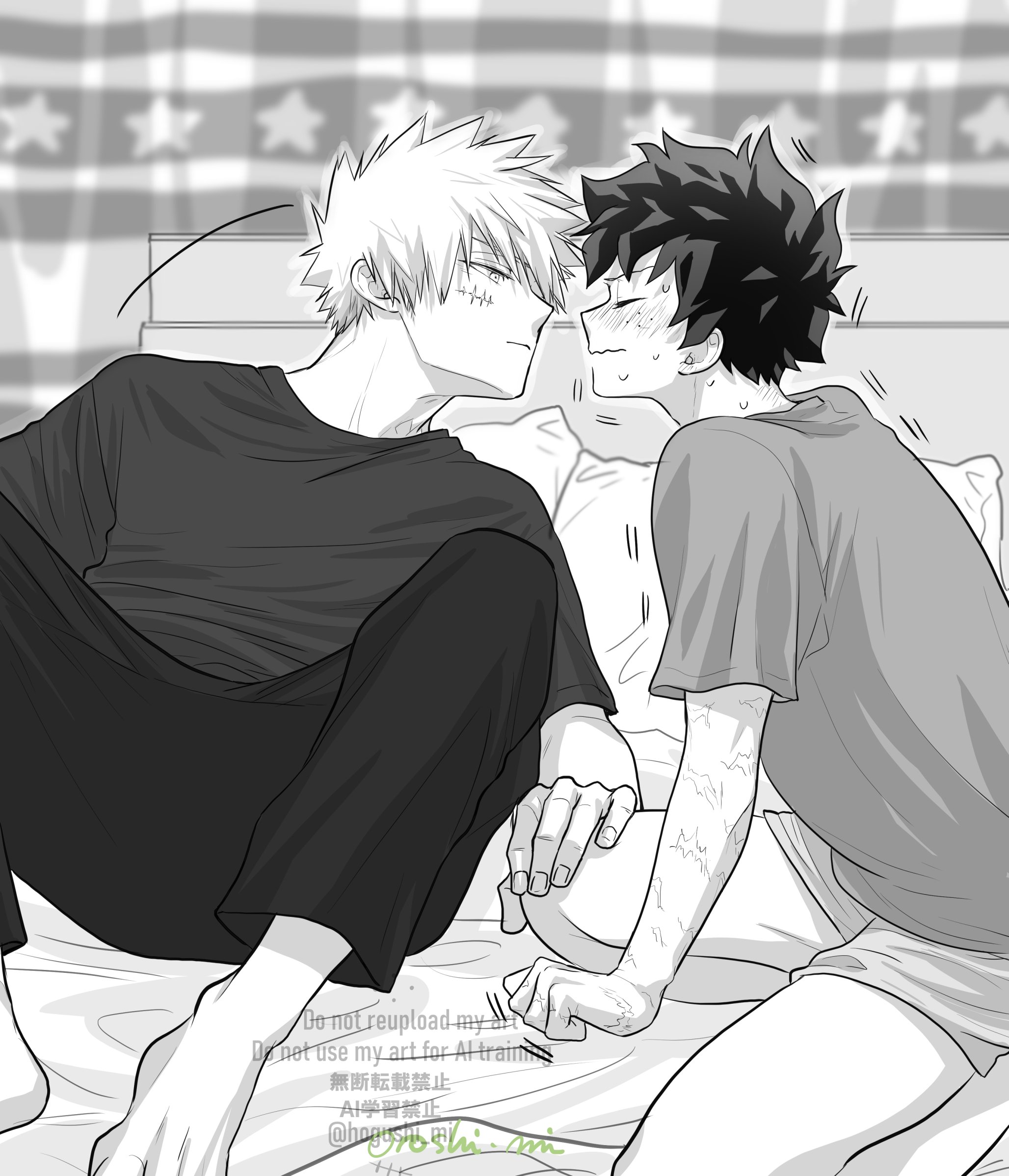 oroshi mi, bakugou katsuki, midoriya izuku, boku no hero academia, commentary request, highres, 2boys, barefoot, bed, blush, closed eyes, closed mouth, crew neck, greyscale, hand on another's knee, light frown, looking at another, male focus, monochrome, multiple boys, pants, pillow, shirt, short hair, short sleeves, shorts, shy, sitting, spiked hair, t-shirt, trembling, watermark, wavy mouth, yaoi