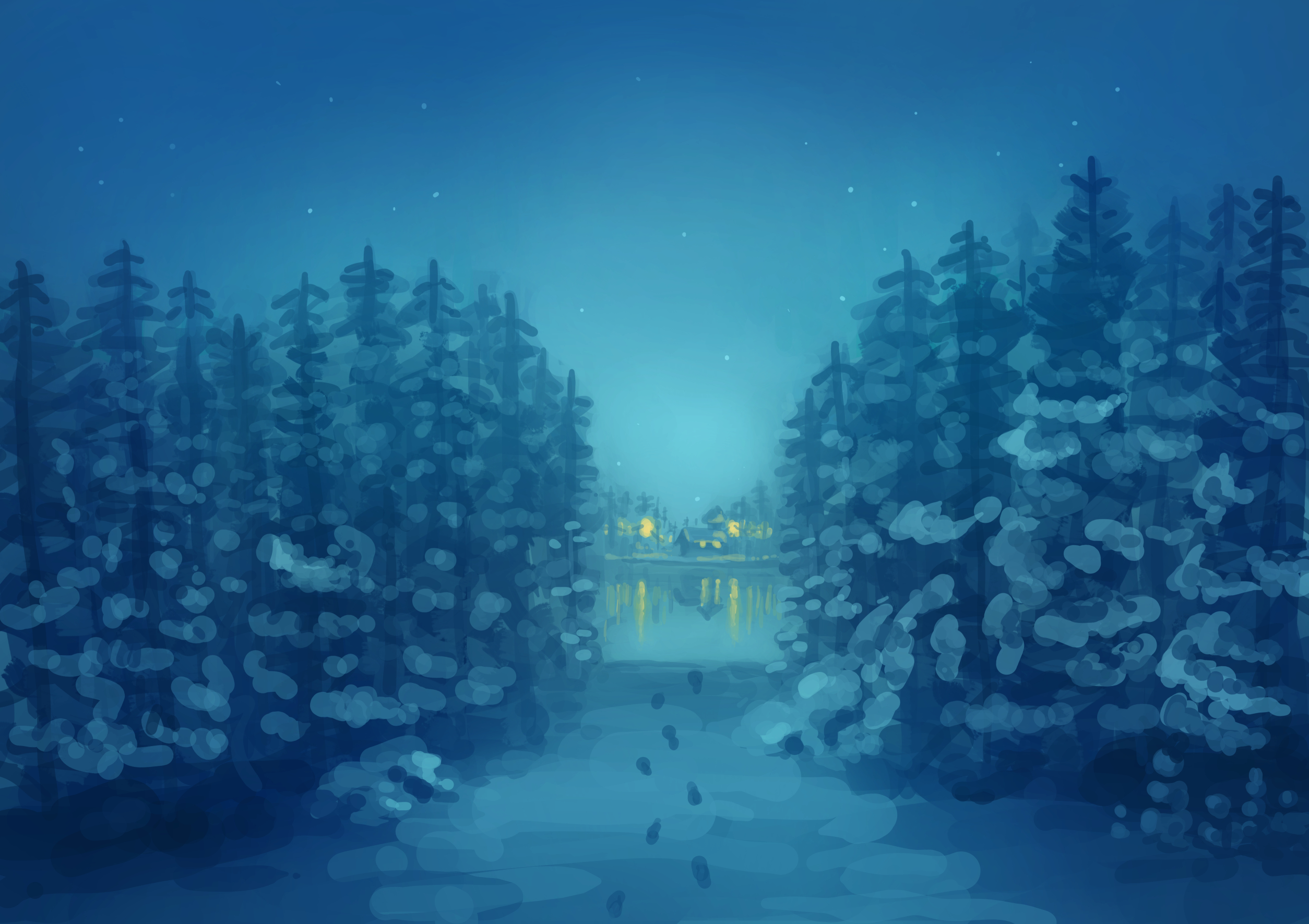 original, commentary, highres, aoi yoru (shikizaki), blue theme, building, forest, impressionism, lake, nature, night, no humans, outdoors, reflection, reflective liquid, scenery, star (sky), tree, water