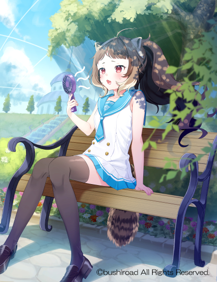 segawa luna, cardfight!! vanguard, cardfight!! vanguard: overdress, official art, 1girl, animal ears, brown hair, copyright notice, day, dress, grey thighhighs, handheld electric fan, on bench, outdoors, red eyes, sailor collar, sailor dress, sitting, sleeveless, solo, tail, thighhighs, tree