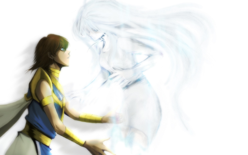 ooga, kaiba seto, kisara (yu-gi-oh!), priest seto, yu-gi-oh!, yu-gi-oh! duel monsters, bad id, bad pixiv id, 1boy, 1girl, blue eyes, brown hair, cape, couple, hetero, hug, long hair, simple background, spirit, white hair