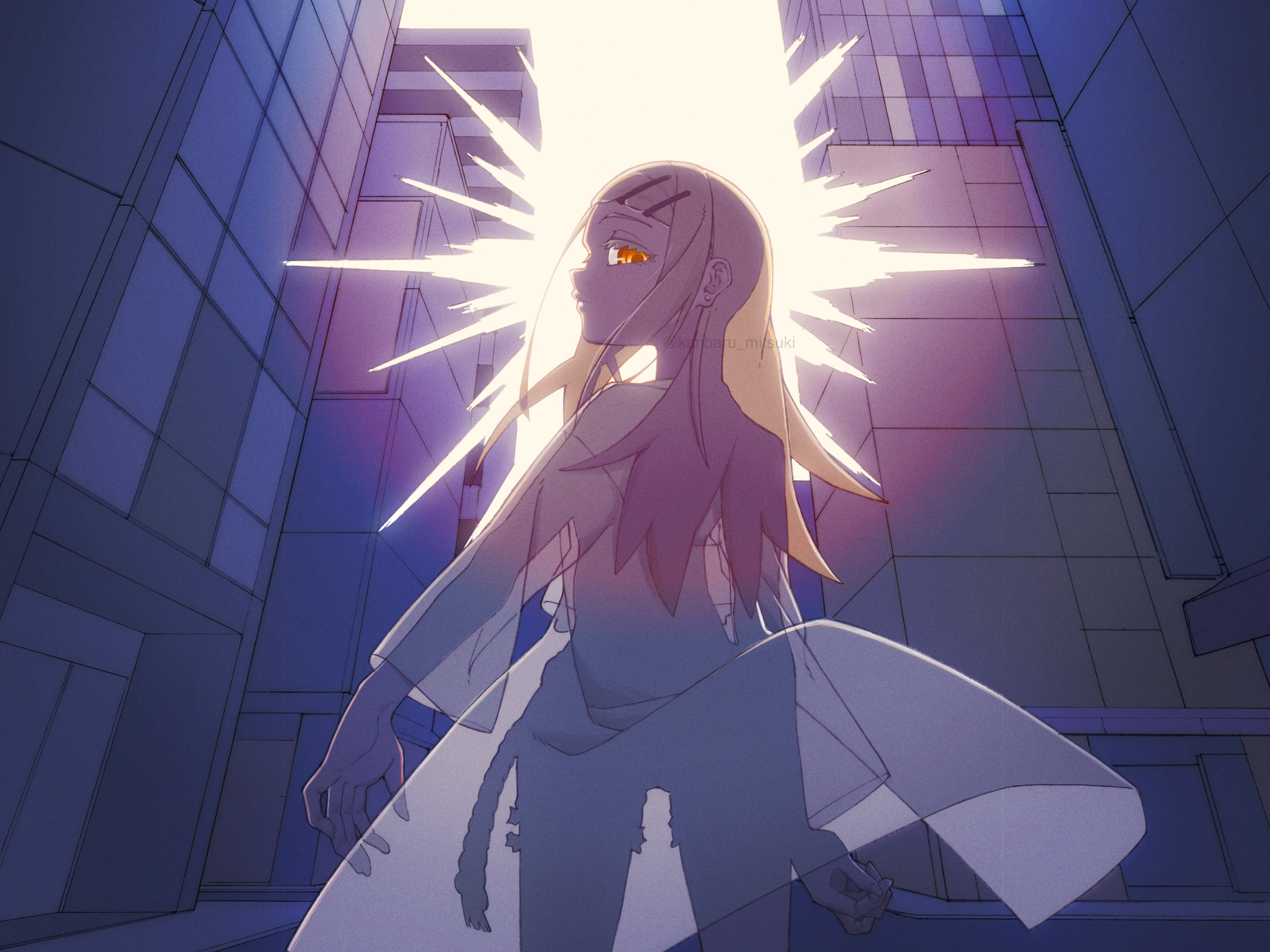 kanbaru mitsuki, shinosawa hiro, gakuen idolmaster, idolmaster, highres, 1girl, backlighting, building, cowboy shot, from behind, long hair, looking at viewer, looking back, orange eyes, outdoors, see-through silhouette, skyscraper, solo, standing, sunfaded (idolmaster)