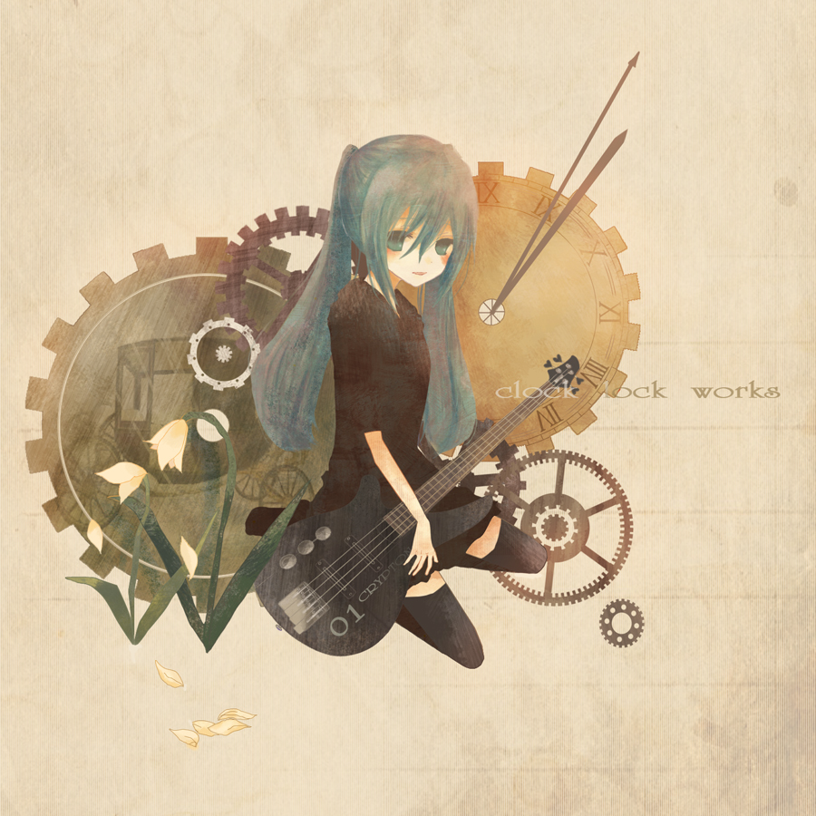 meiko ak, mmg, hatsune miku, clock lock works (vocaloid), vocaloid, bad id, bad pixiv id, 1girl, bass guitar, blue eyes, blue hair, female focus, gears, instrument, long hair, matching hair/eyes, skirt, smile, solo, thighhighs, twintails, zettai ryouiki