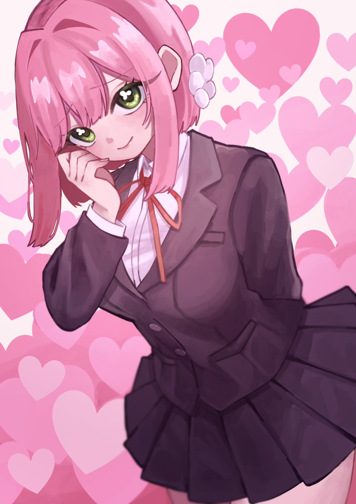 kuukou (user zexk2828), hanazono hakari, kimi no koto ga dai dai dai dai daisuki na 100-nin no kanojo, commentary, highres, 1girl, arm at side, arm behind back, black hair, black skirt, blazer, closed mouth, cowboy shot, double-parted bangs, green eyes, hair intakes, hand up, heart, heart background, jacket, lapels, layered sleeves, looking at viewer, miniskirt, neck ribbon, notched lapels, pink background, pink hair, pleated skirt, raised inner eyebrows, red ribbon, ribbon, school uniform, shirt, short hair, skirt, smile, solo, standing, white shirt