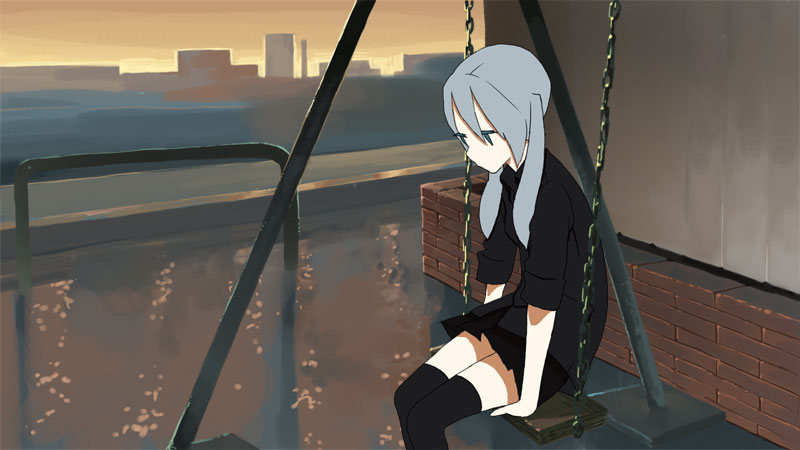 task utsushita, hatsune miku, clock lock works (vocaloid), vocaloid, bad id, bad pixiv id, 1girl, blue eyes, blue hair, female focus, matching hair/eyes, on swing, outdoors, sitting, skirt, sky, solo, swing, thighhighs, twintails, zettai ryouiki