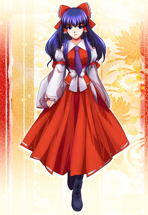 yamaguchi takashi, yamaguchi yuu, hakurei reimu, touhou, 1girl, adapted costume, aged up, alternate costume, alternate hair color, black eyes, black hair, blue hair, bow, detached sleeves, female focus, japanese clothes, long hair, miko, necktie, ribbon, solo