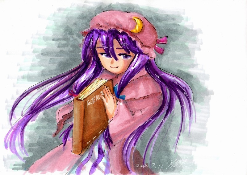 leo.k, patchouli knowledge, touhou, making-of available, marker (medium), traditional media, 1girl, book, female focus, solo, standing