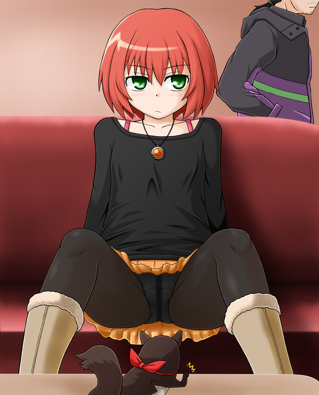 donoteat, hei (darker than black), mao (darker than black), petya, suou pavlichenko, darker than black, 00s, 1boy, 1girl, black cat, blush, boots, cat, flat chest, green eyes, panties, panties under pantyhose, pantyhose, pantyshot, red hair, sitting, spread legs, squirrel, thumbs up, underwear, upskirt