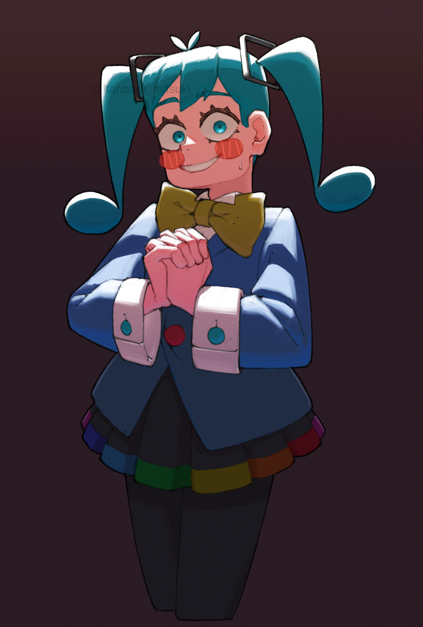 kanbaru mitsuki, hatsune miku, static (vocaloid), vocaloid, highres, 1girl, aqua eyes, aqua hair, black pantyhose, black skirt, blue jacket, blush stickers, bow, bowtie, crazy eyes, crossed legs, dot nose, grin, jacket, long eyelashes, long hair, long sleeves, looking at viewer, own hands clasped, own hands together, pantyhose, pleated skirt, shirt, simple background, skirt, smile, solo, sweatdrop, twintails, white shirt, white wrist cuffs, wide-eyed, wrist cuffs, yellow bow, yellow bowtie