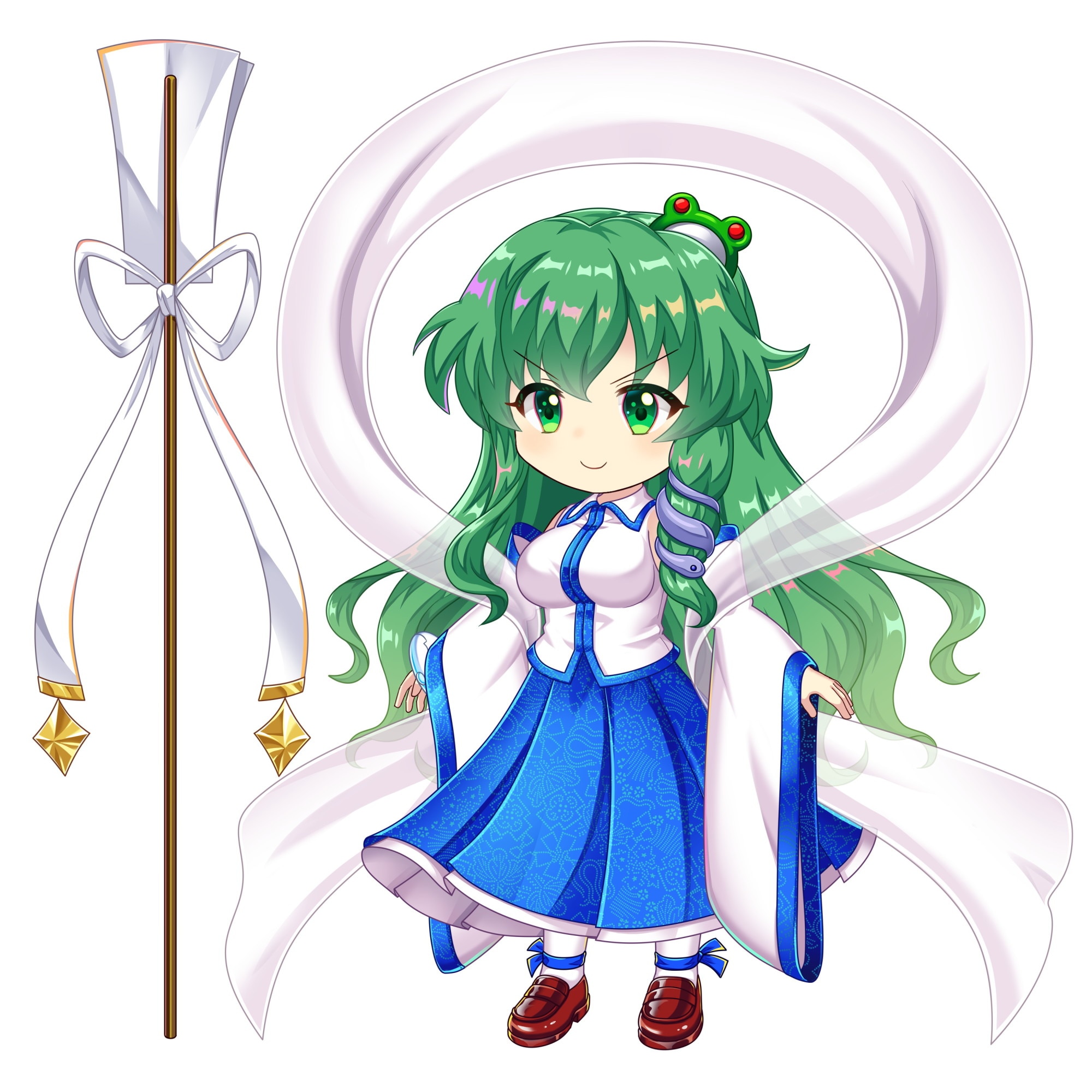 rotte (1109), kochiya sanae, touhou, touhou lostword, game cg, highres, official art, third-party source, 1girl, a-pose, absurdly long hair, aged up, blue skirt, breasts, brown shoes, chibi, detached sleeves, frog hair ornament, full body, gohei, green eyes, green hair, hagoromo, hair ornament, hair tubes, huge breasts, loafers, long hair, long skirt, shawl, shoes, single hair tube, skirt, smile, snake hair ornament, socks, solo, sprite, very long hair, white socks