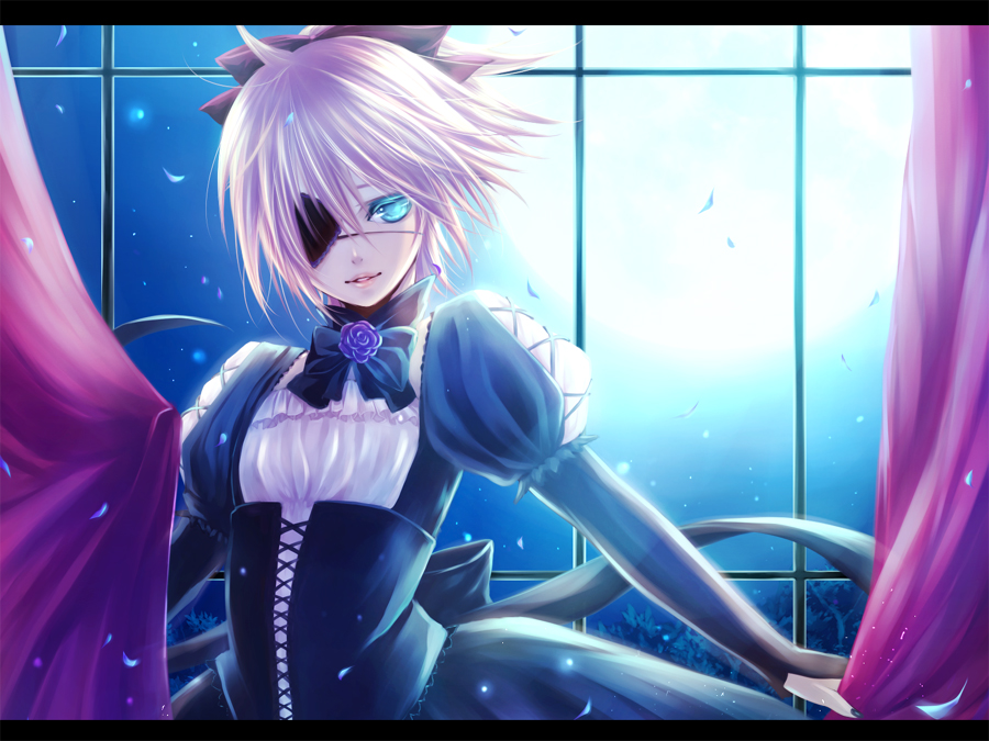aozaki ritsu, kagamine len, imitation black (vocaloid), vocaloid, bad id, bad pixiv id, 1boy, aqua eyes, blonde hair, bow, crossdressing, crossdressing (mtf), curtains, dress, eyepatch, flower, full moon, hair bow, hair ribbon, male focus, moon, night, petals, purple flower, purple rose, ribbon, rose, smile, solo, trap, window