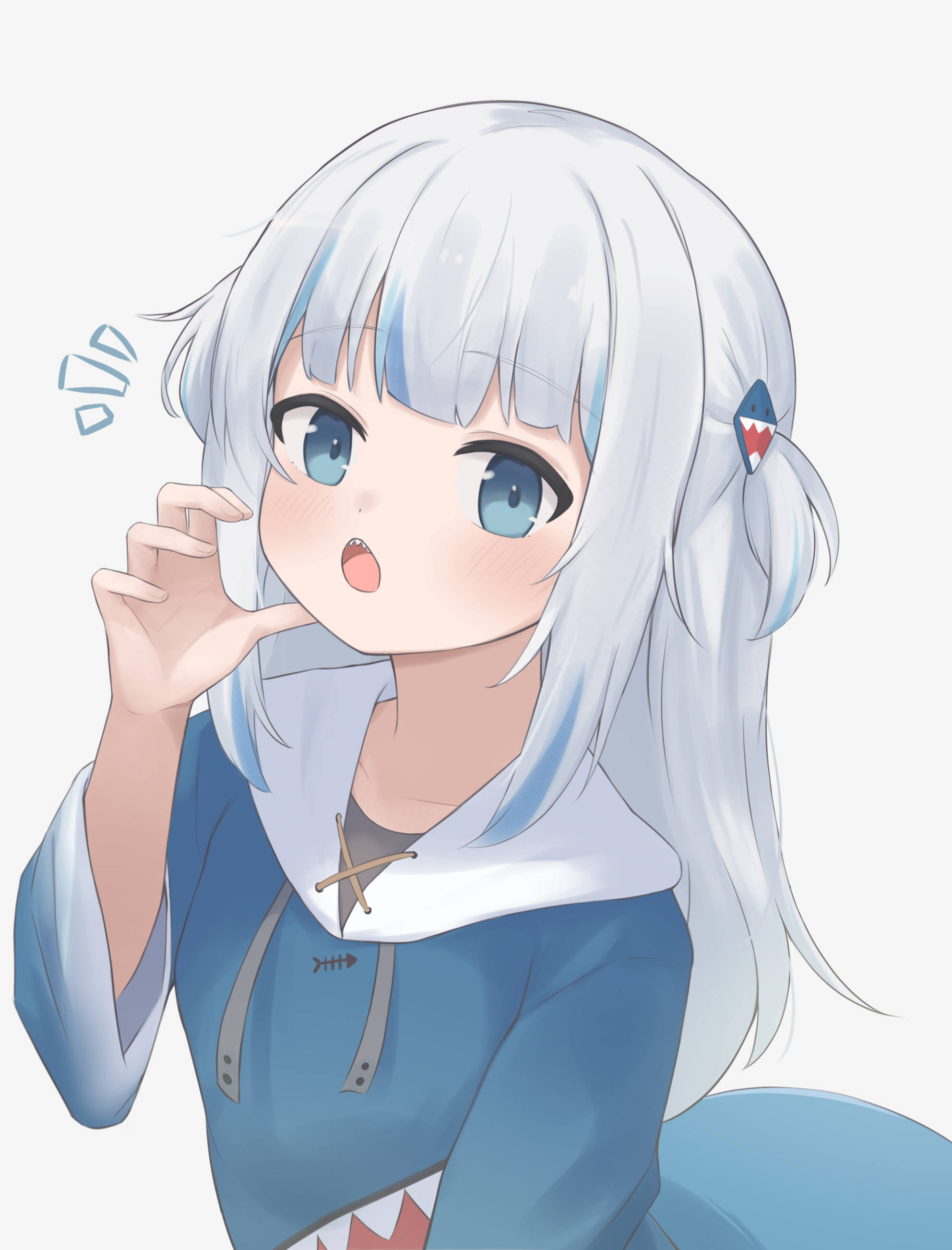 kappuchino, gawr gura, gawr gura (1st costume), hololive, hololive english, absurdres, highres, 1girl, blue eyes, blue hair, fins, fish tail, grey hair, hair ornament, multicolored hair, shark hair ornament, shark tail, simple background, solo, tail, upper body, virtual youtuber, white background