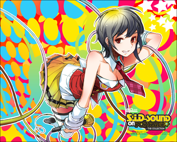 nakbe, bad id, bad pixiv id, black hair, breasts, cable, cleavage, jumping, large breasts, microphone, red eyes, short hair, skirt, solo, thighhighs, white thighhighs