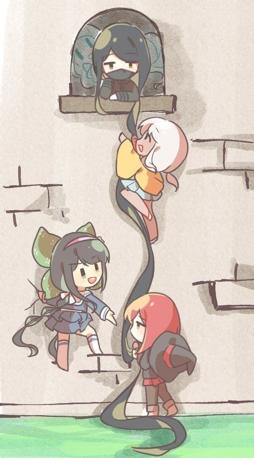 chabashira tenko, shinguji korekiyo, shinguji korekiyo's sister, yonaga angie, yumeno himiko, danganronpa (series), danganronpa v3: killing harmony, rapunzel (fairy tale), bad source, spoilers, third-party source, 0a0 mk 0a0, 1boy, 4girls, absurdly long hair, bare legs, black hair, black hat, black jacket, black mask, black pantyhose, blue eyes, blue serafuku, blue shirt, blue skirt, blunt ends, bob cut, boots, bow, brother and sister, brown boots, brown eyes, chibi, climbing, collared jacket, covered mouth, crack, dark-skinned female, dark skin, day, floral print, frilled skirt, frills, gakuran, ghost, grass, green bow, green jacket, grey eyes, hair bow, hairband, hat, hat on back, high collar, jacket, kneehighs, long hair, long sleeves, low twintails, mask, midriff, miniskirt, mouth mask, multi-tied hair, multiple girls, no headwear, no shoes, no socks, open mouth, outdoors, outstretched hand, pantyhose, pink hairband, pointy boots, print bow, raincoat, red hair, red skirt, school uniform, serafuku, shirt, shoes, short hair, siblings, skirt, skirt set, smile, socks, teeth, tower, twintails, upper teeth only, very long hair, white bow, white hair, white shoes, white socks, wide sleeves, window, witch hat, yellow raincoat