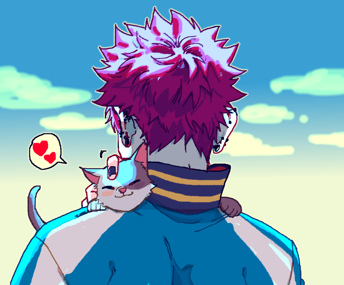 iria59, harai kuko, hypnosis mic, commentary request, 1boy, animal, black nails, blue jacket, blue sky, blush stickers, cat, cloud, ear piercing, earrings, facing away, fingernails, heart, holding, holding animal, holding cat, jacket, jewelry, male focus, motion lines, multiple piercings, outdoors, outline, pale skin, piercing, pink hair, short hair, sky, solo, spiked hair, spoken heart, two-sided fabric, two-sided jacket, very short hair, white jacket, white outline