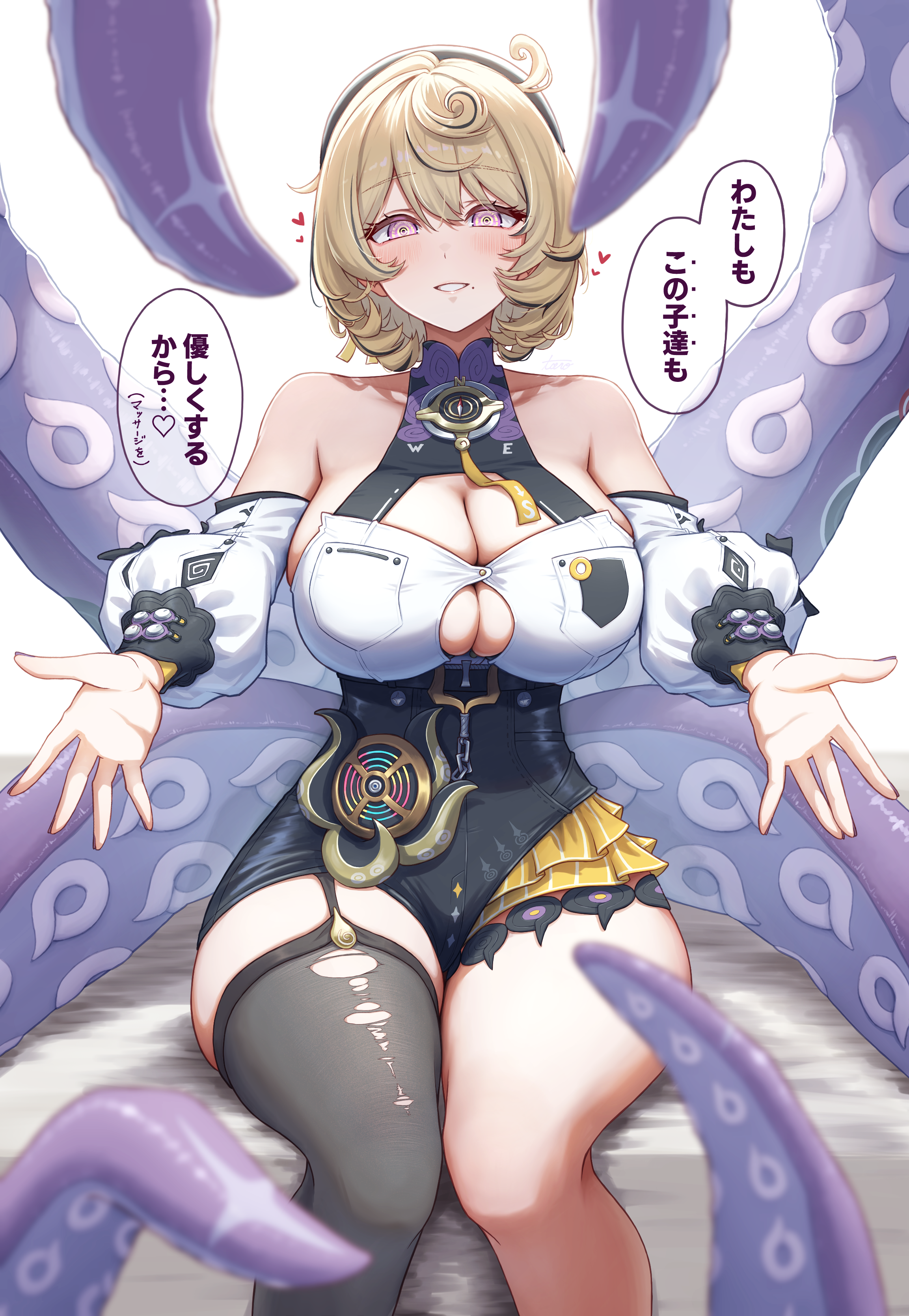 taro (peach taro51), yidhari murphy, zenless zone zero, absurdres, commentary request, highres, translation request, 1girl, asymmetrical shorts, bare shoulders, beret, black shorts, black thighhighs, blonde hair, blurry, blurry foreground, blush, breasts, bursting breasts, button gap, cowlick, detached sleeves, feet out of frame, garter straps, hat, heart, high-waist shorts, incoming hug, large breasts, looking at viewer, mole, mole under mouth, on bed, parted lips, purple nails, shirt, short hair, shorts, simple background, single garter strap, single thighhigh, sitting, solo, speech bubble, suction cups, tentacle girl, tentacle tail, tentacles, thighhighs, torn clothes, torn thighhighs, white background, white shirt