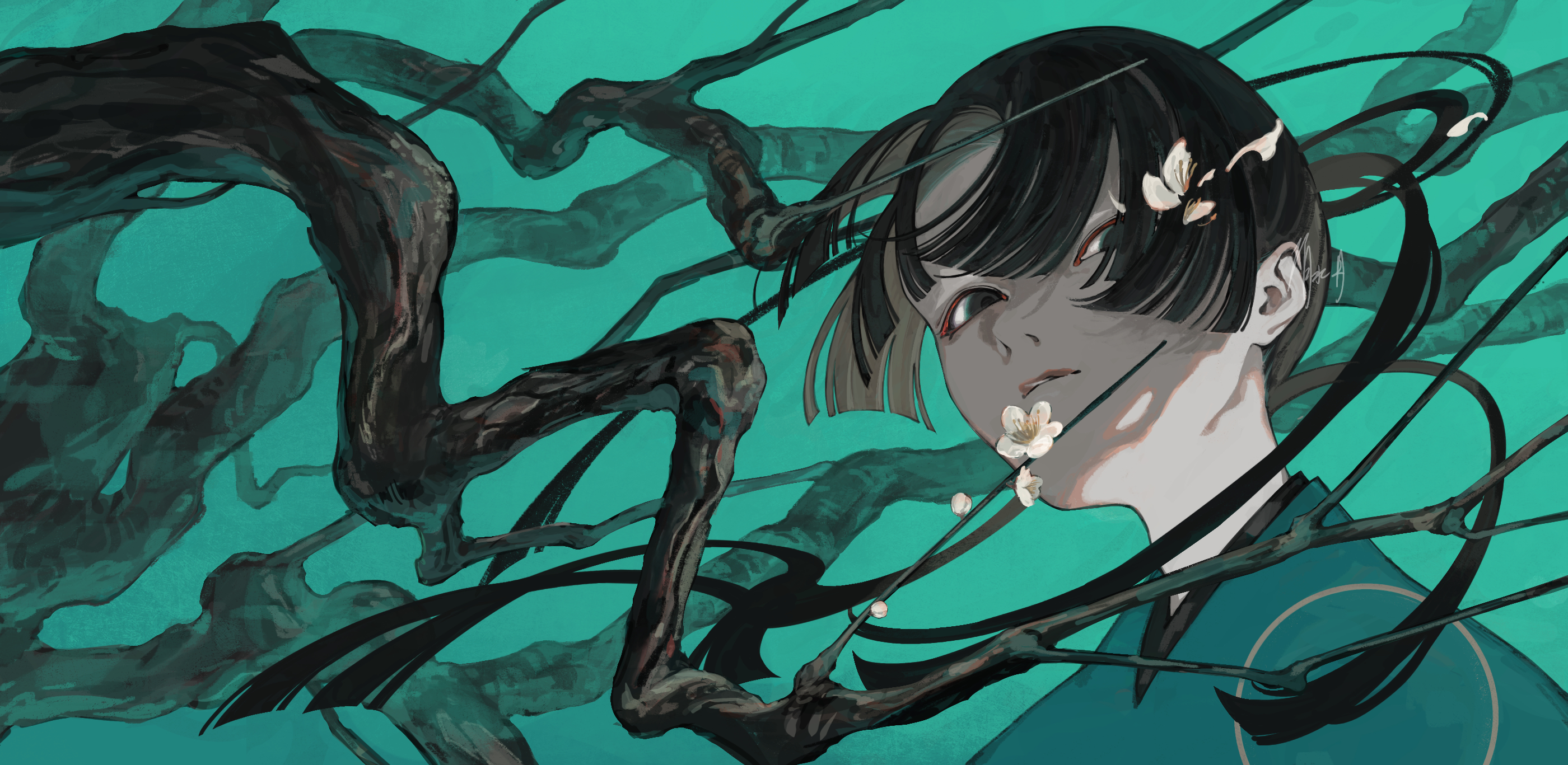 shimizu en (shimizuen3310), original, commentary, highres, revision, 1girl, black eyes, black hair, blunt bangs, branch, closed mouth, green background, green shirt, hair ornament, looking at viewer, parted bangs, portrait, shirt, short hair, simple background, solo