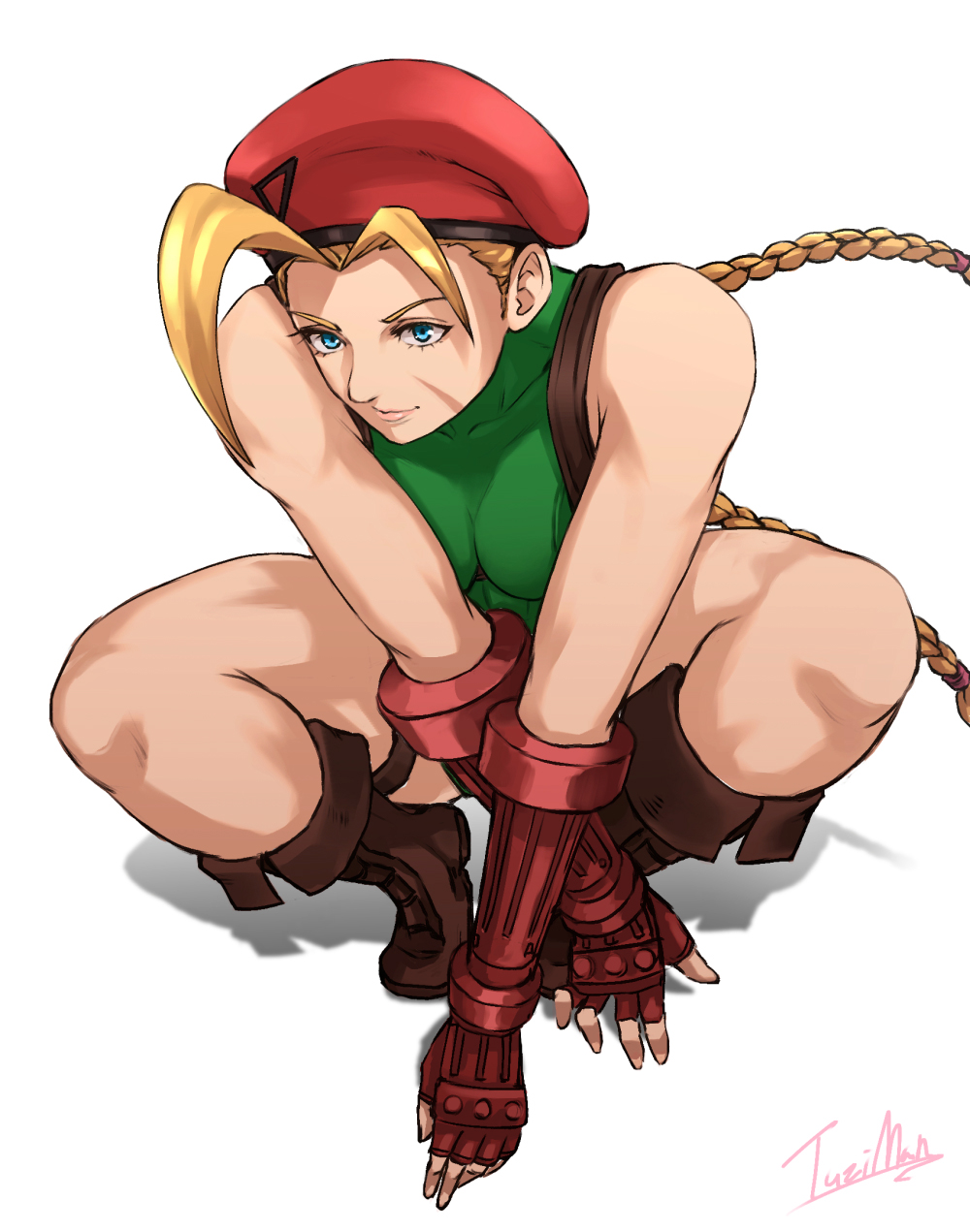 tuzi717, cammy white, street fighter, street fighter v, highres, 1girl, ahoge, antenna hair, artist name, beret, blonde hair, blue eyes, boots, braid, breasts, brown boots, chest harness, collarbone, combat boots, facial scar, fingerless gloves, gauntlets, gloves, green leotard, harness, hat, leotard, light smile, lips, long hair, looking ahead, medium breasts, red hat, scar, scar on cheek, scar on face, shadow, signature, smile, solo, squatting, thighs, triangle, twin braids, very long hair, white background