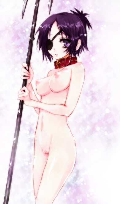 nemasuba, chrome dokuro, katekyo hitman reborn!, bad id, bad pixiv id, 00s, 1girl, breasts, collar, eyepatch, female focus, large breasts, nipples, nude, polearm, purple eyes, purple hair, pussy, short hair, solo, spear, trident, uncensored, weapon