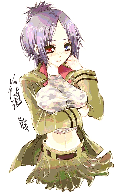 nemasuba, rokudou mukuro, katekyo hitman reborn!, bad id, bad pixiv id, gender request, 00s, blush, breast suppress, breasts, genderswap, heterochromia, large breasts, midriff, naughty face, purple hair, short hair, skirt, solo