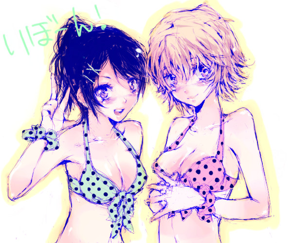 nemasuba, miura haru, sasagawa kyouko, katekyo hitman reborn!, bad id, bad pixiv id, 00s, 2girls, bikini, black hair, blush, breasts, brown hair, cleavage, female focus, medium breasts, multiple girls, polka dot, polka dot bikini, polka dot swimsuit, short hair, small breasts, smile, swimsuit, v