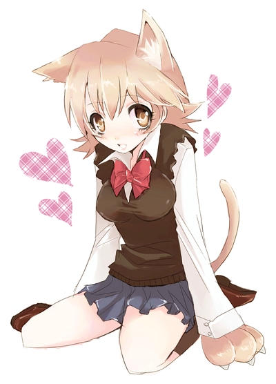 nemasuba, sasagawa kyouko, katekyo hitman reborn!, bad id, bad pixiv id, 00s, animal ears, animal hands, arms at sides, blouse, blush, bow, bowtie, brown eyes, brown hair, collared shirt, full body, heart, kneehighs, kneeling, miniskirt, red bow, red bowtie, shirt, simple background, sitting, skirt, socks, solo, sweater, tail, white background, white shirt