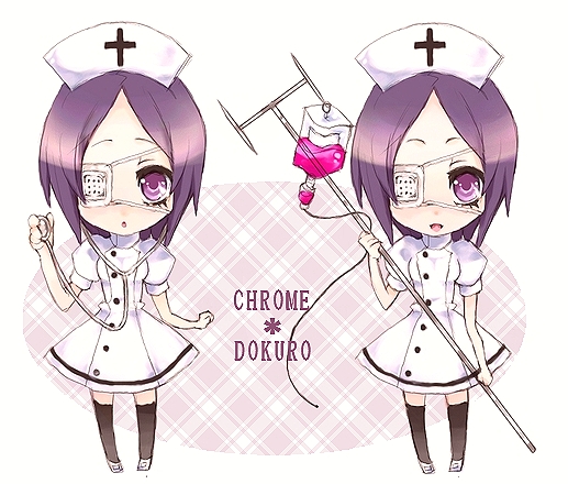 nemasuba, chrome dokuro, katekyo hitman reborn!, bad id, bad pixiv id, 00s, 1girl, chibi, eyepatch, intravenous drip, nurse, polearm, purple eyes, purple hair, short hair, spear, stethoscope, thighhighs, trident, weapon