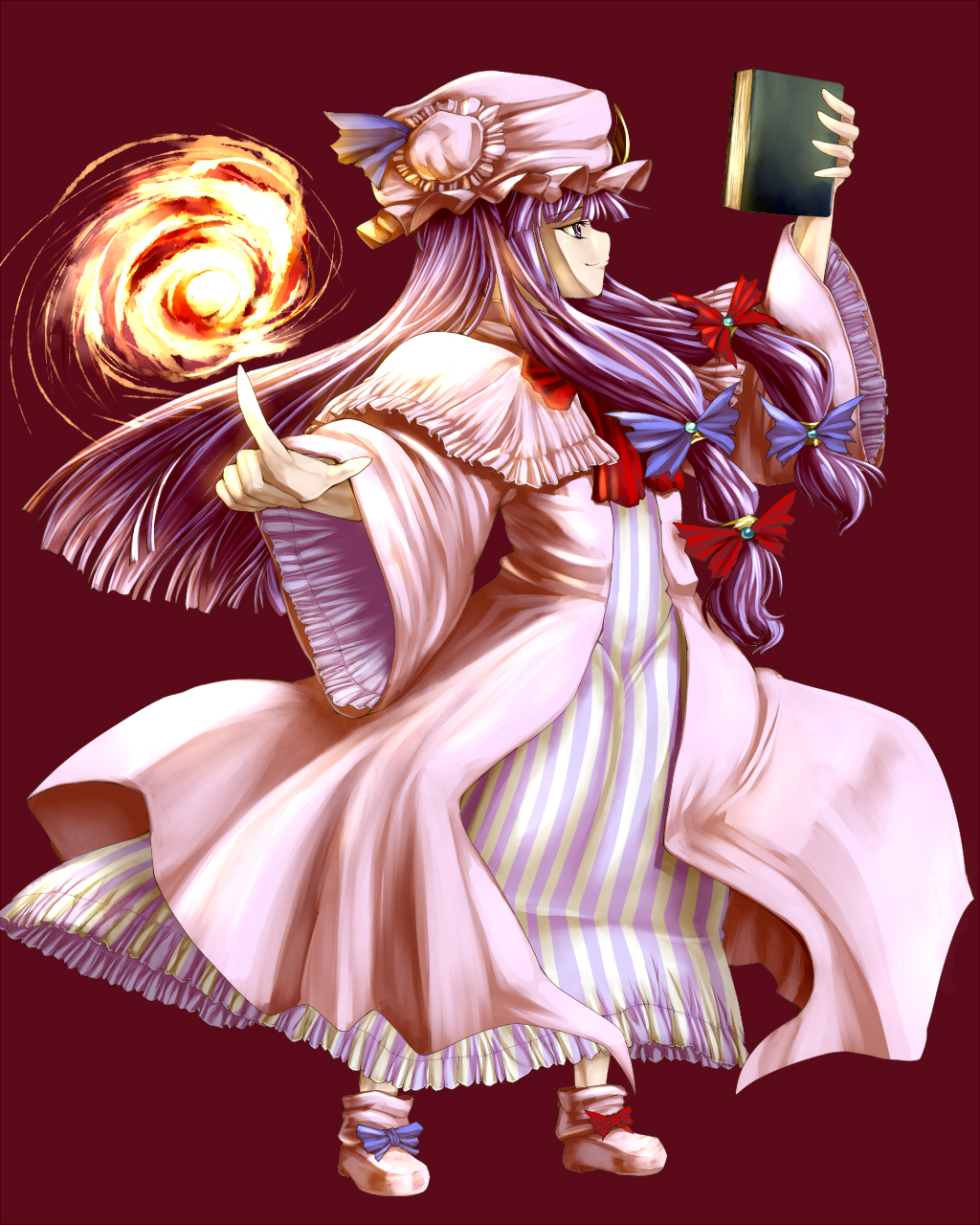 sakimori dan, patchouli knowledge, touhou, striped, highres, 1girl, book, bow, female focus, fire, full body, hair bow, hat, long hair, multiple hair bows, open book, pointing, purple eyes, purple hair, reading, simple background, smile, solo