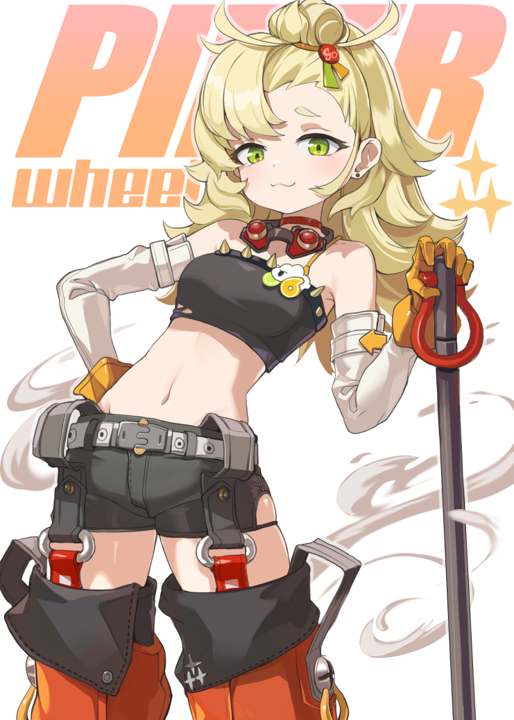 armcho, piper wheel, zenless zone zero, 1girl, :3, belt, black shorts, blonde hair, character name, detached pants, earrings, elbow gloves, gloves, goggles, goggles around neck, green eyes, hand on own hip, jewelry, long hair, midriff, navel, shorts, stud earrings