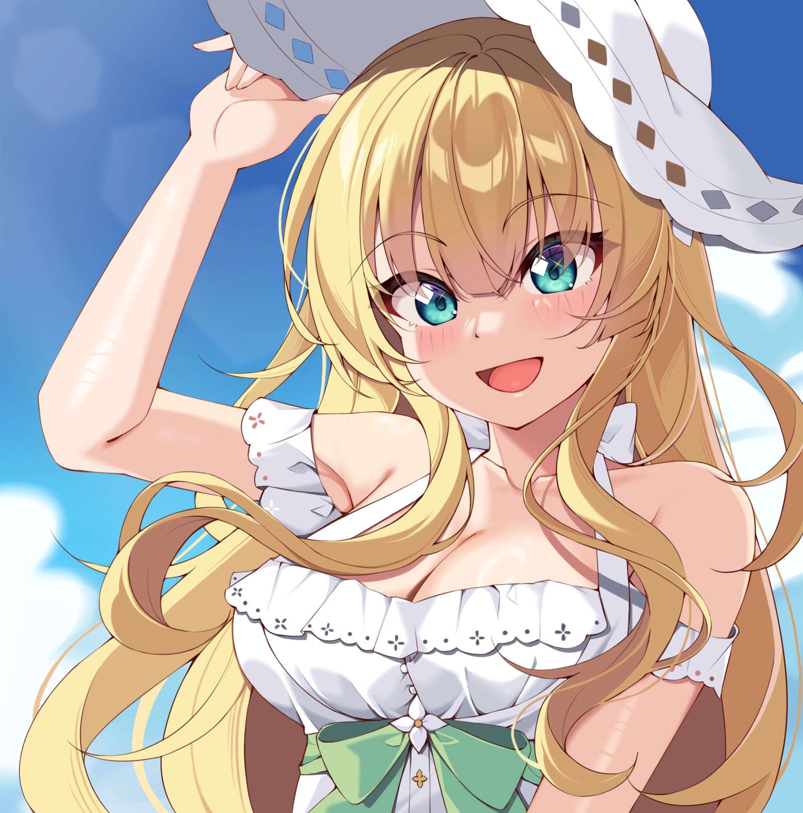 ray (rays 26), commentary request, highres, 1girl, :d, aqua eyes, arm up, blonde hair, blue sky, blunt bangs, blush, bow, breasts, cleavage, collarbone, day, dress, dress bow, eyes visible through hair, floating hair, green bow, hair between eyes, halterneck, happy, hat, holding, holding own hair, iris murphy, large breasts, lens flare, long hair, mugen no tir na nog, off-shoulder dress, off shoulder, open mouth, outdoors, sidelocks, sky, sleeveless, sleeveless dress, smile, solo, sparkling eyes, sun hat, sundress, upper body, very long hair, white dress, white hat