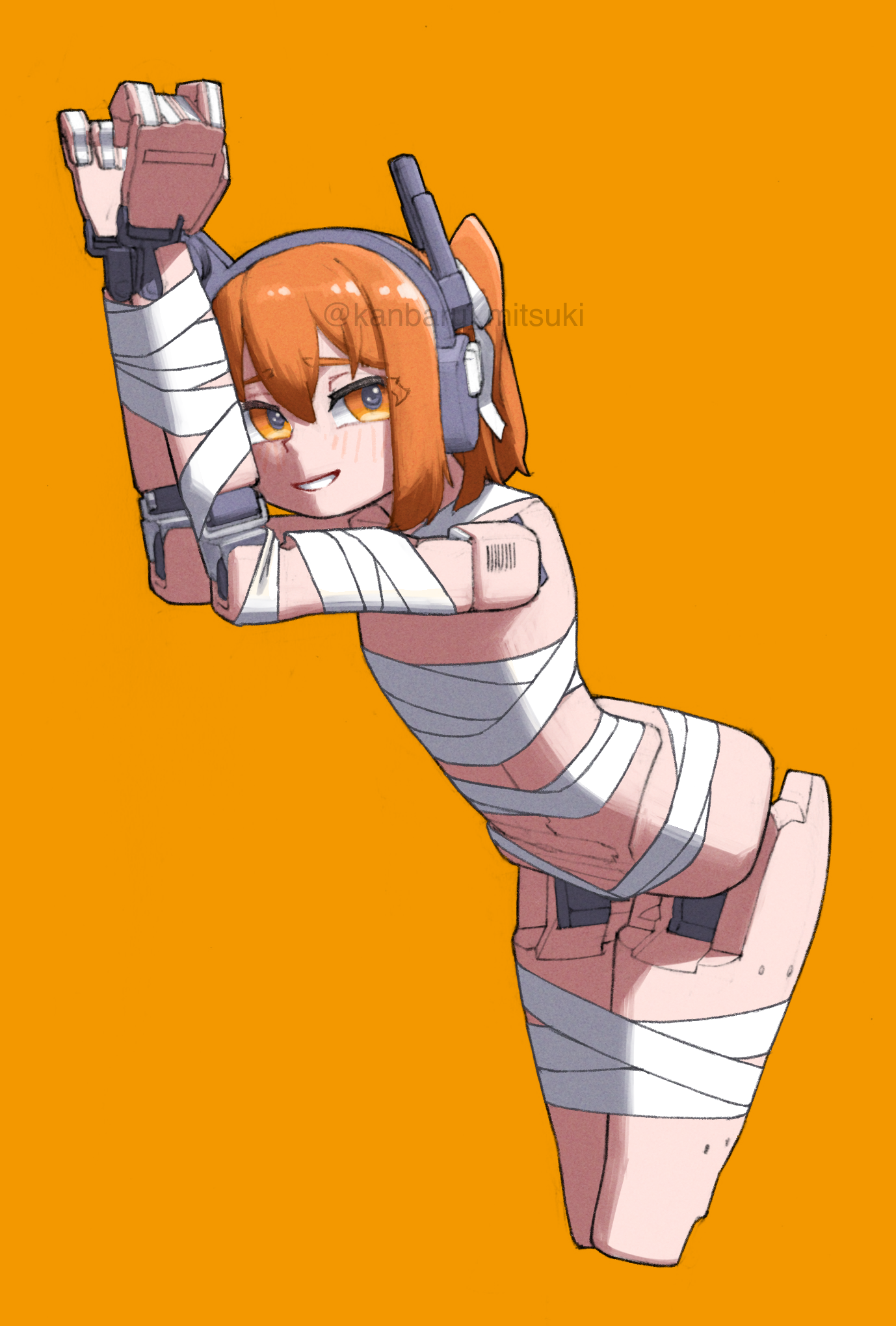 kanbaru mitsuki, adachi rei, a.i. voice, utau, highres, 1girl, android, arms up, bound, bound arms, bound legs, cowboy shot, joints, looking at viewer, naked ribbon, one side up, orange background, orange eyes, orange hair, ribbon, ribbon bondage, robot joints, simple background, smile, solo, standing, white ribbon