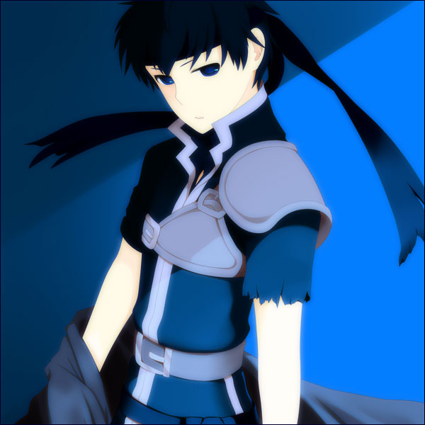 otsuyu (pixiv id 136131), ike (fire emblem), fire emblem, fire emblem: path of radiance, nintendo, bad id, bad pixiv id, 1boy, blue eyes, blue hair, blue theme, cape, headband, male focus, matching hair/eyes, monochrome, solo