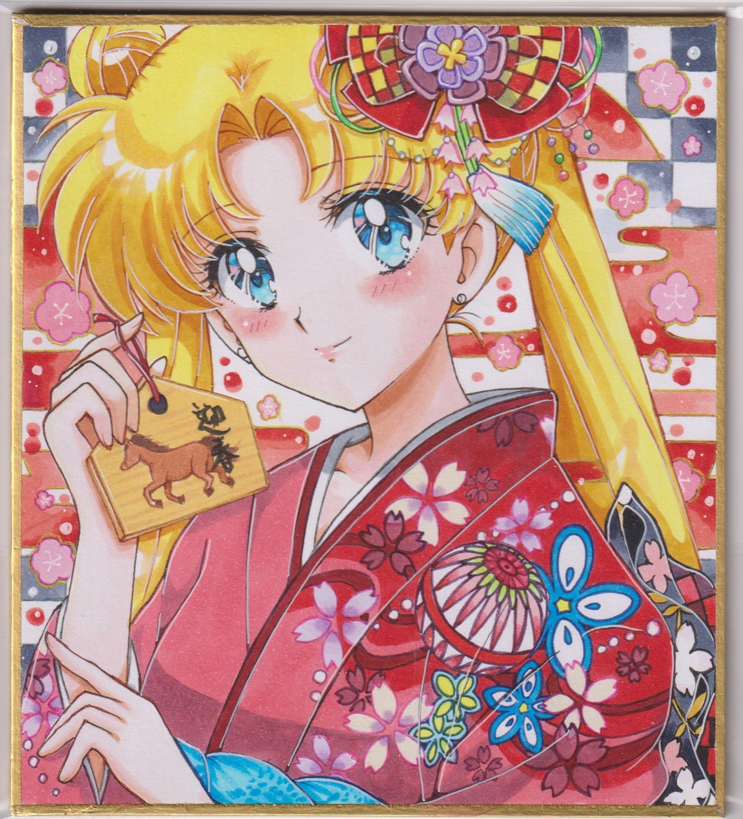 chikoto (kztc4472), tsukino usagi, bishoujo senshi sailor moon, highres, tagme, blue eyes, collarbone, double bun, earrings, hair bun, hair ornament, japanese clothes, jewelry, kimono, parted bangs, pink kimono, red kimono, smile, stud earrings, twintails