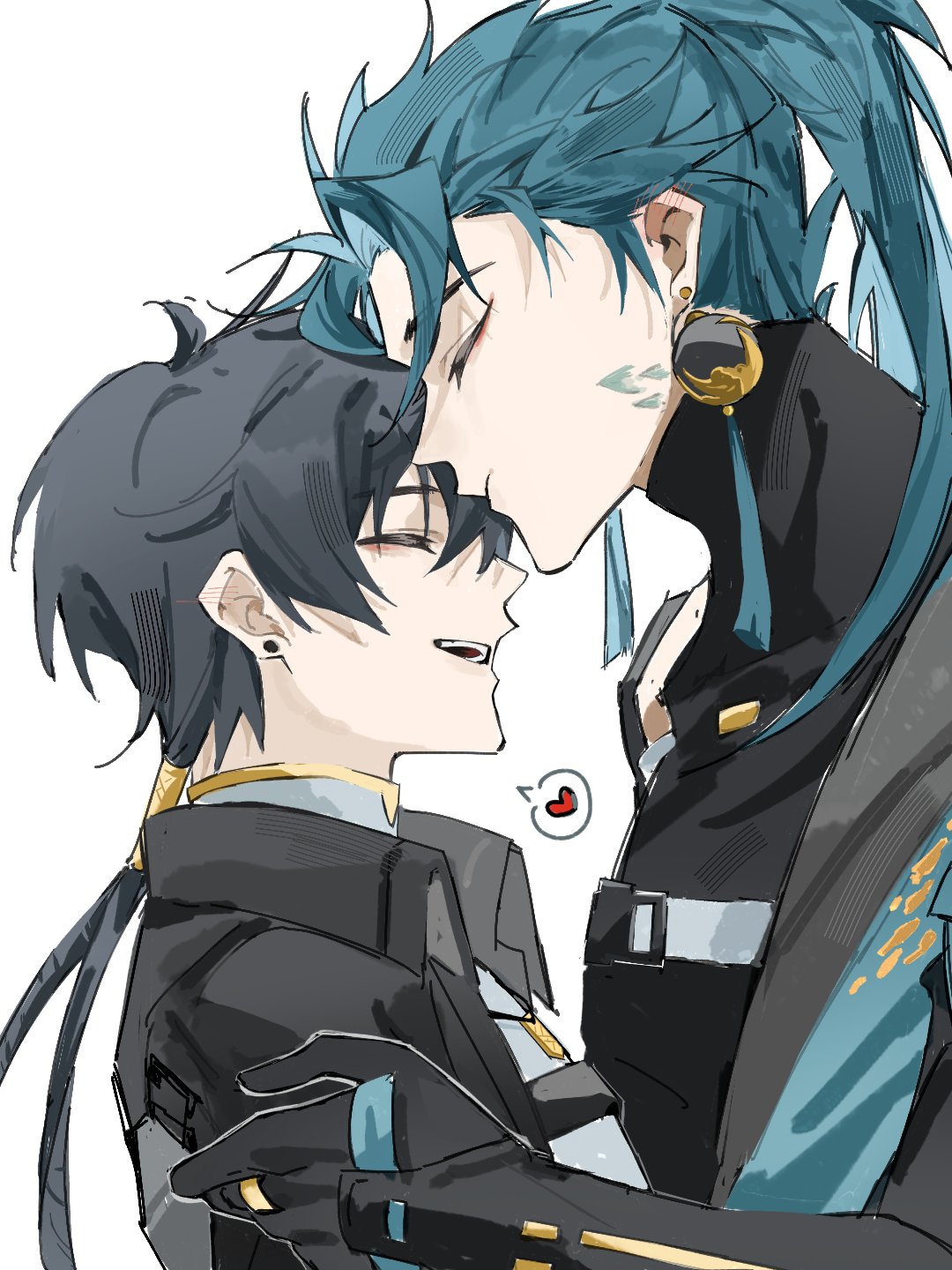 rodingnes50232, jiyan (wuthering waves), male rover (wuthering waves), rover (wuthering waves), wuthering waves, highres, 2boys, belt, black belt, black gloves, black hair, black jacket, black shirt, blue hair, blue jacket, closed eyes, closed mouth, collared jacket, covered collarbone, earrings, eyeshadow, facial mark, gloves, hair between eyes, hair ornament, hand on another's shoulder, hand up, heart, high ponytail, jacket, jewelry, kiss, kissing forehead, long hair, long sleeves, low ponytail, makeup, male focus, multiple boys, necklace, open clothes, open jacket, open mouth, ponytail, red eyeshadow, shirt, simple background, smile, speech bubble, spoken heart, t-shirt, tassel, tassel earrings, teeth, turtleneck, turtleneck shirt, upper body, white background, white belt, white shirt, yaoi