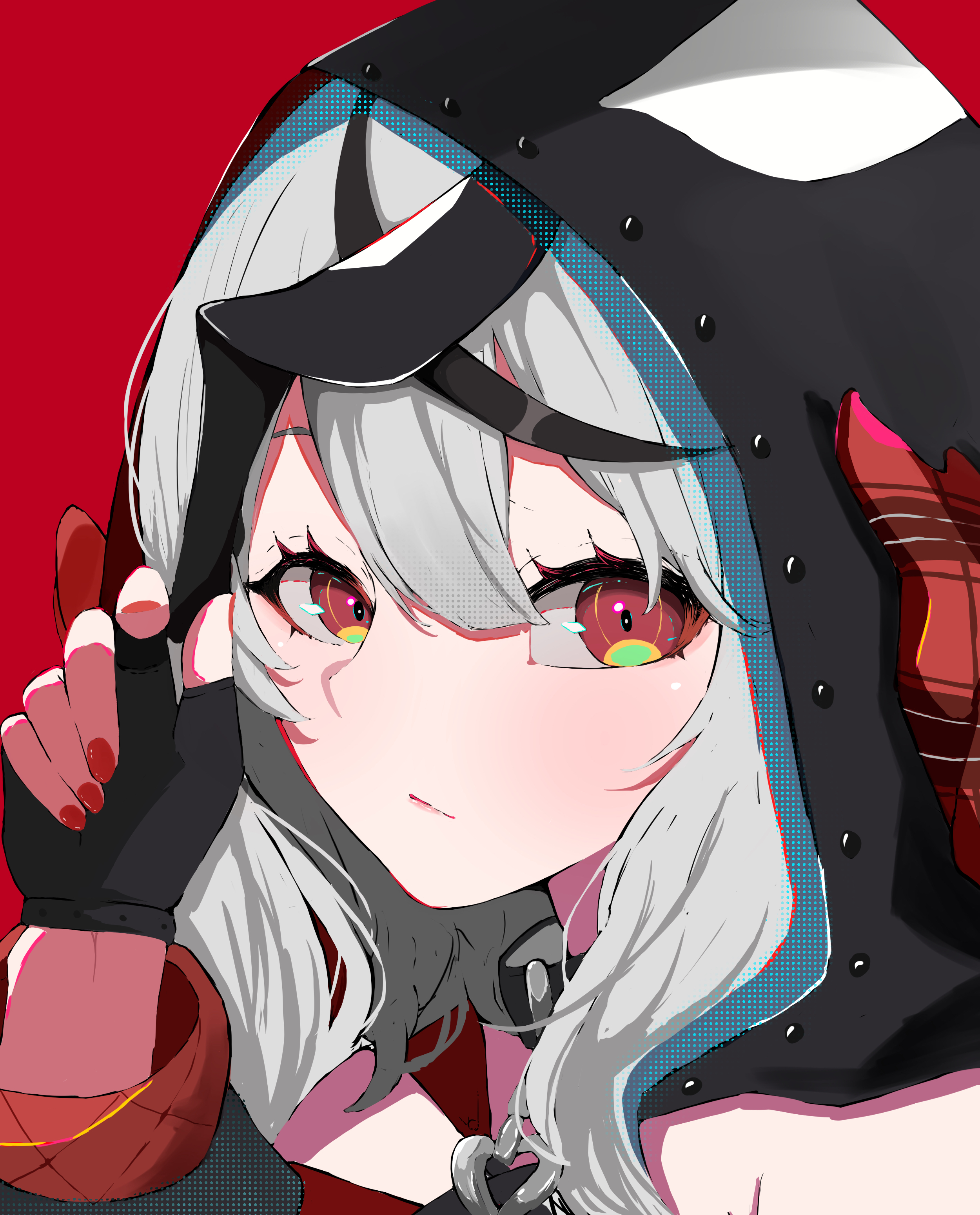 panda ring, sakamata chloe, sakamata chloe (1st costume), hololive, absurdres, highres, 1girl, animal hood, black gloves, black hair, gloves, grey hair, hood, orca hood, red background, red eyes, red nails, simple background, solo, virtual youtuber