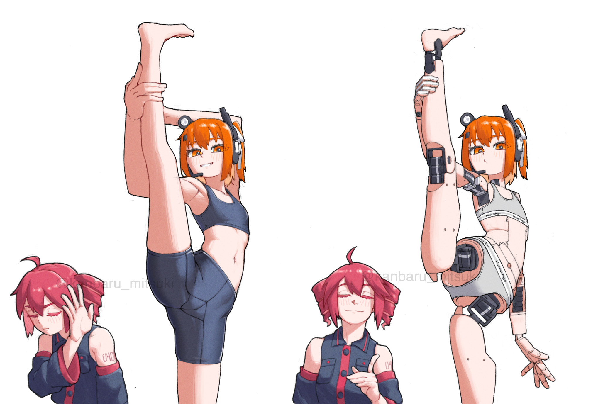 kanbaru mitsuki, adachi rei, kasane teto, kasane teto (utau), a.i. voice, utau, highres, 2girls, ahoge, android, black bra, black shorts, bra, closed eyes, closed mouth, drakeposting (meme), drill hair, grey bra, grey panties, hand up, headset, joints, meme, multiple girls, navel, orange eyes, orange hair, panties, red hair, robot joints, shorts, simple background, split, standing, standing on one leg, standing split, twin drills, underwear, underwear only, white background